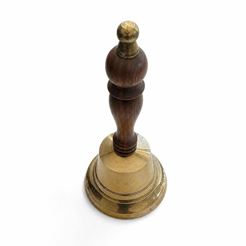 Vintage‎ Heavy Solid Brass Hand Bell Wood Handle Loud Farmhouse Dinner Bell